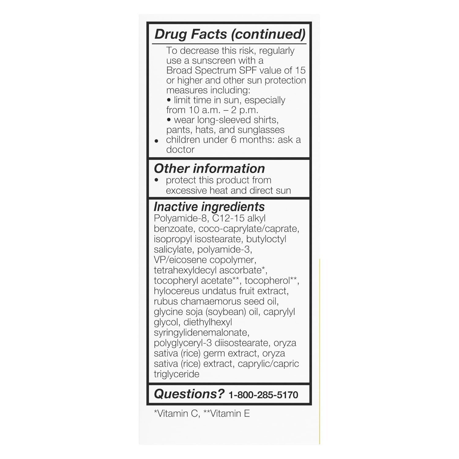 Drug facts label with inactive ingredients and contact information on a white background