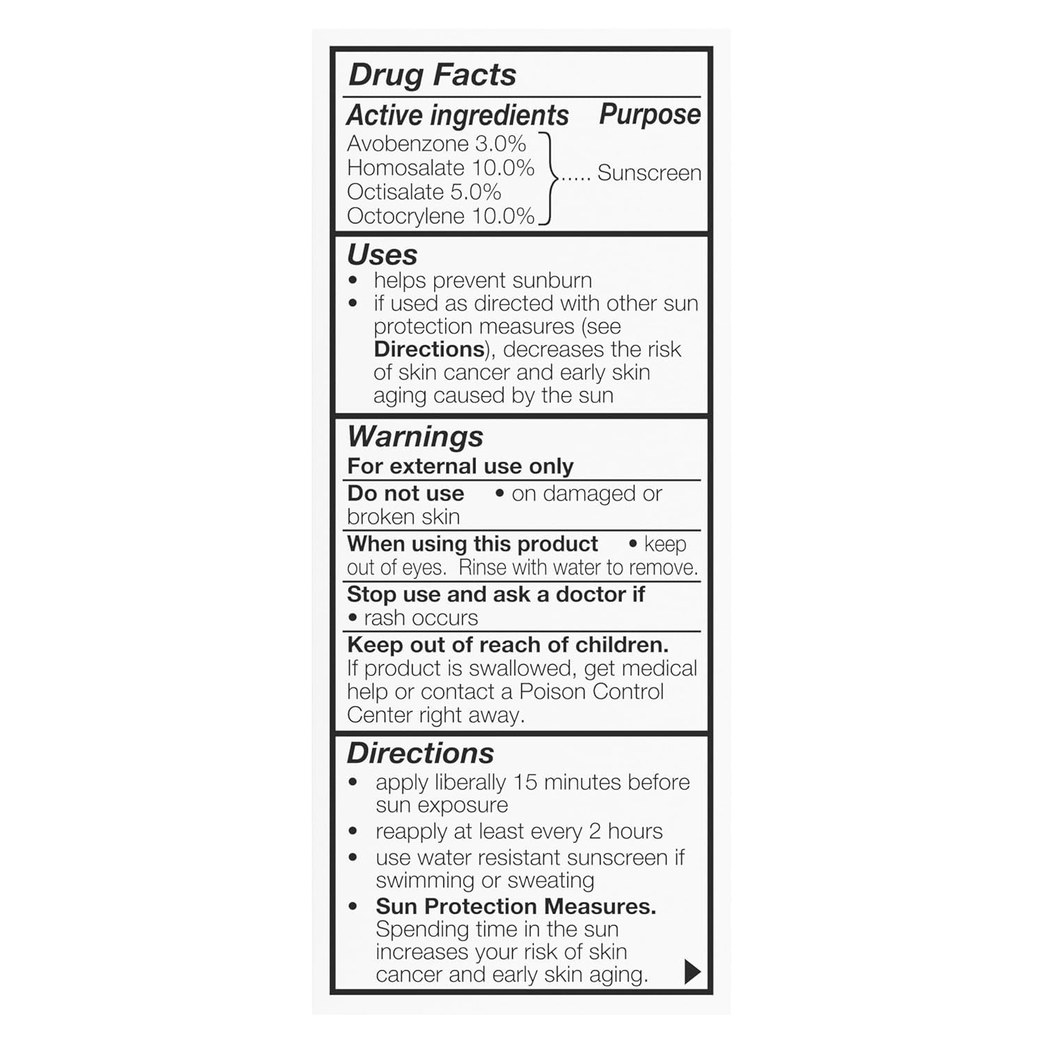 Sunscreen product label with active ingredients, purpose, uses, warnings, and directions.
