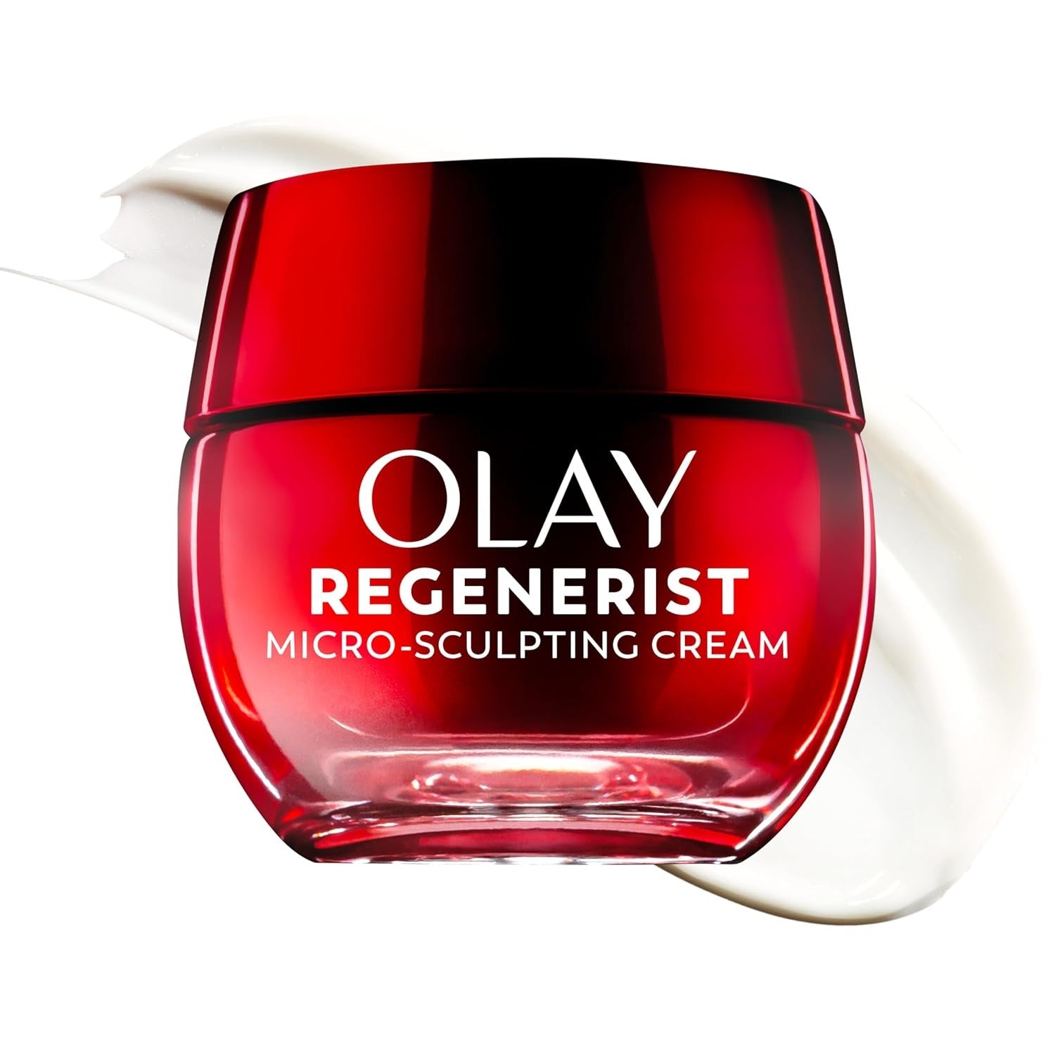 Red jar of Olay Regenerist micro-sculpting cream on a white background