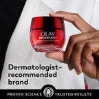 Olay Regenerist cream jar held by a hand with text about dermatologist-recommended brand.