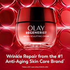 Olay Regenerist micro-sculpting cream jar on a red background with text about anti-aging skin care.