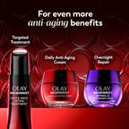 Olay Regenerist skincare products with text on anti-aging benefits on a red background