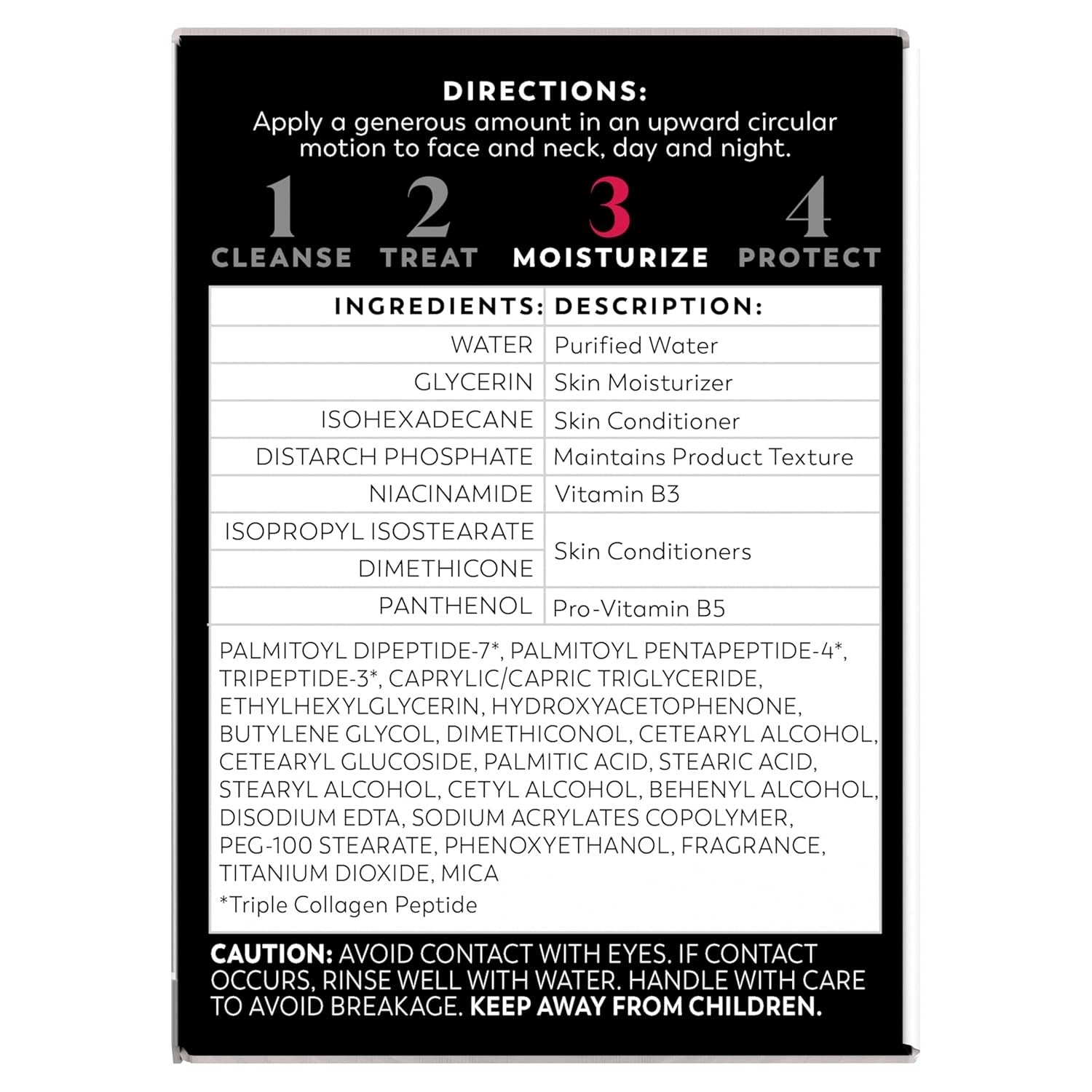 Skincare product label with directions, ingredients, and cautions on a white background