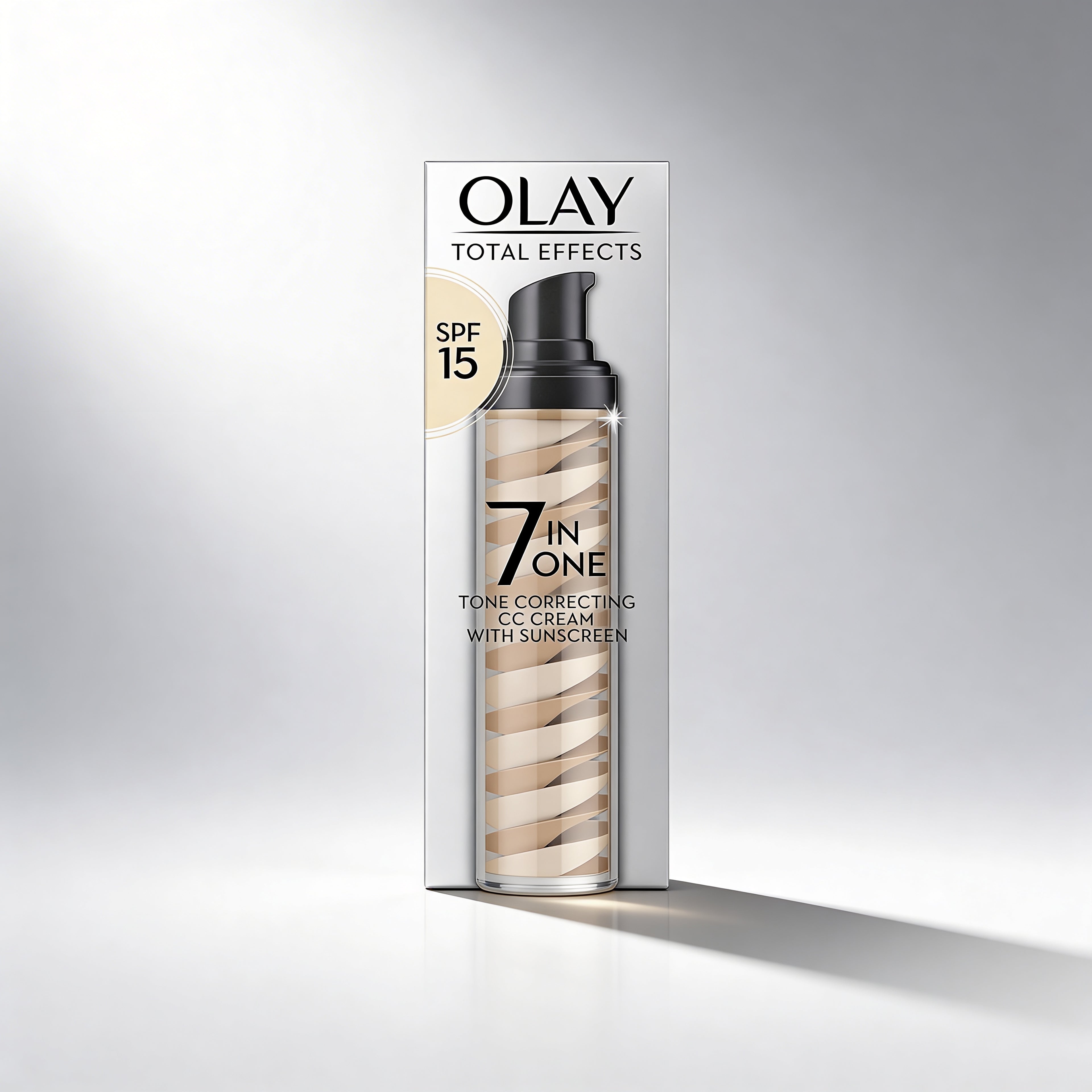 Olay Total Effects 7-in-1 Tone Correcting CC Cream packaging on a gray background