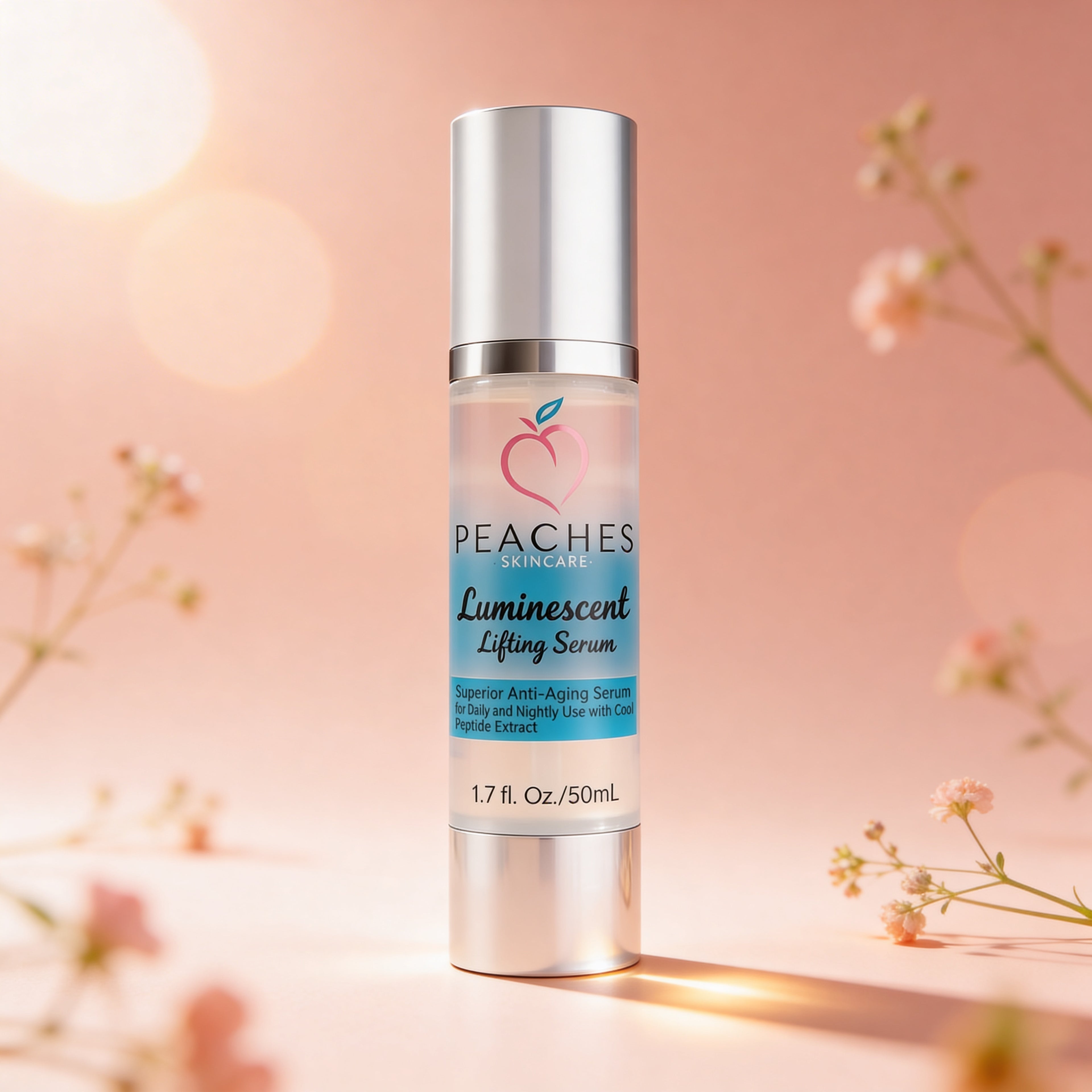 Peaches Skincare Luminescent Lifting Serum bottle on a soft pink background with floral elements.