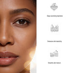 Close-up of a woman's face with text on deep nourishing hydration, skin elasticity, and skin texture.