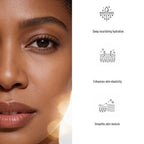 Close-up of a woman's face with text on deep nourishing hydration, skin elasticity, and skin texture.