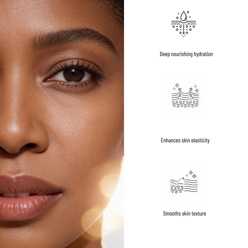 Close-up of a woman's face with text on deep nourishing hydration, skin elasticity, and skin texture.