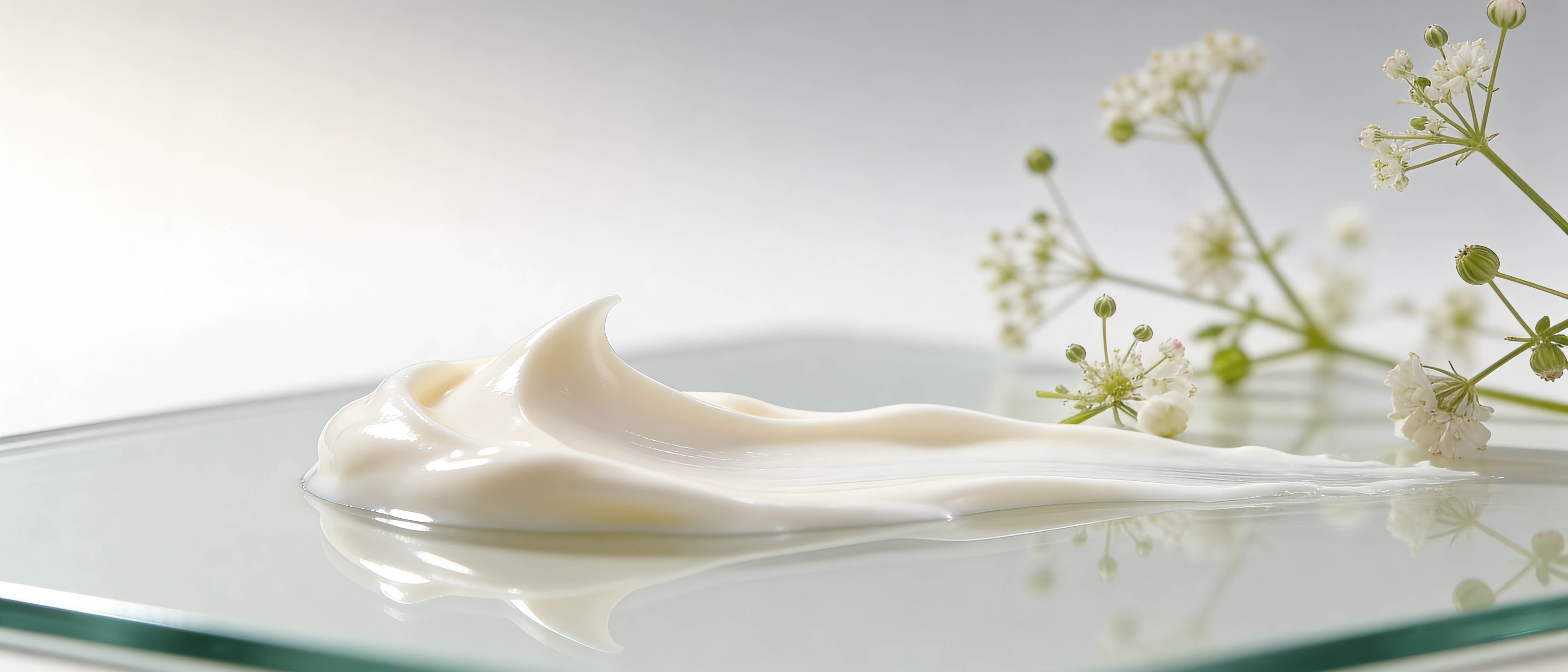 Cream on a glass surface with small white flowers