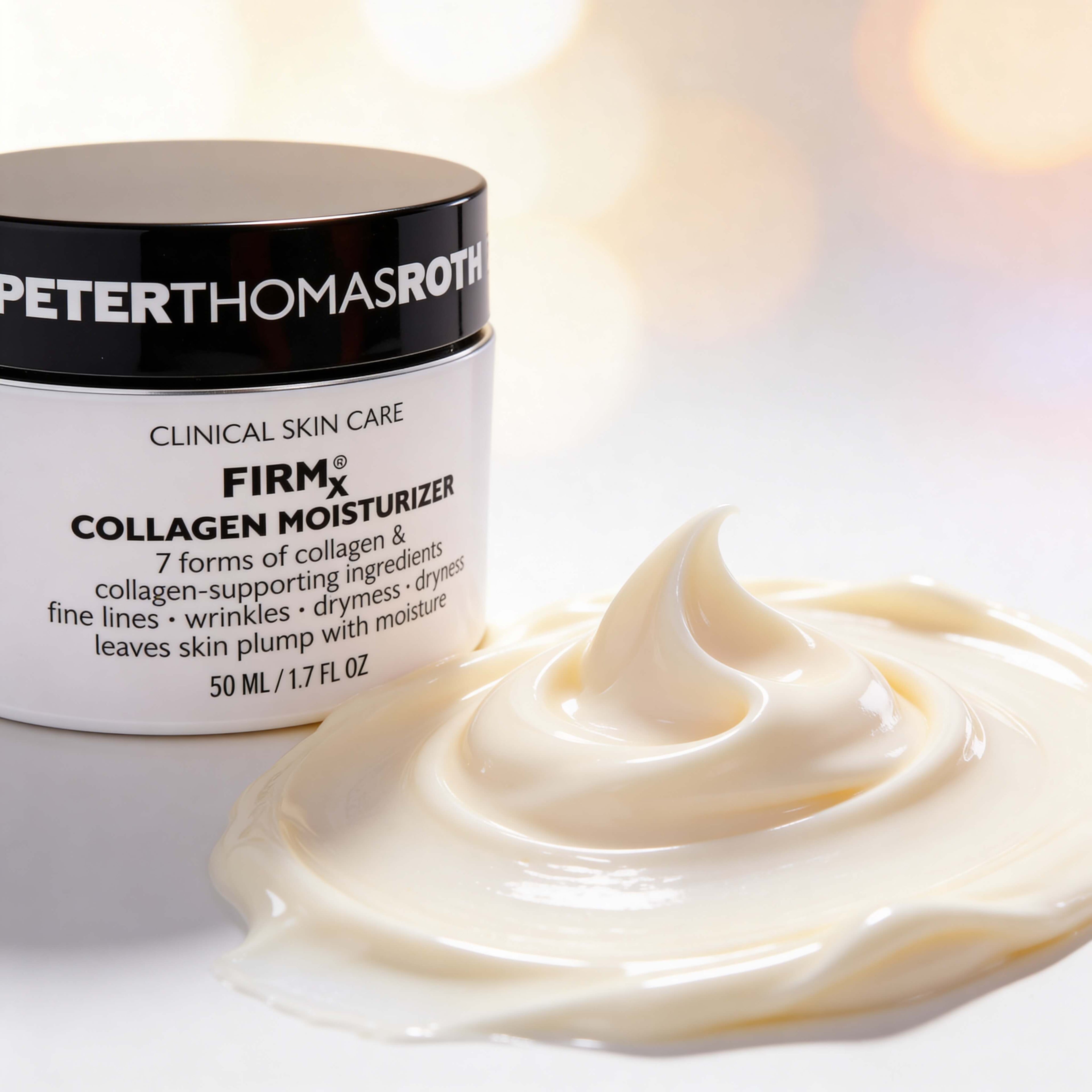 Peter Thomas Roth Firm Collagen Moisturizer jar with a swatch of cream on a light background