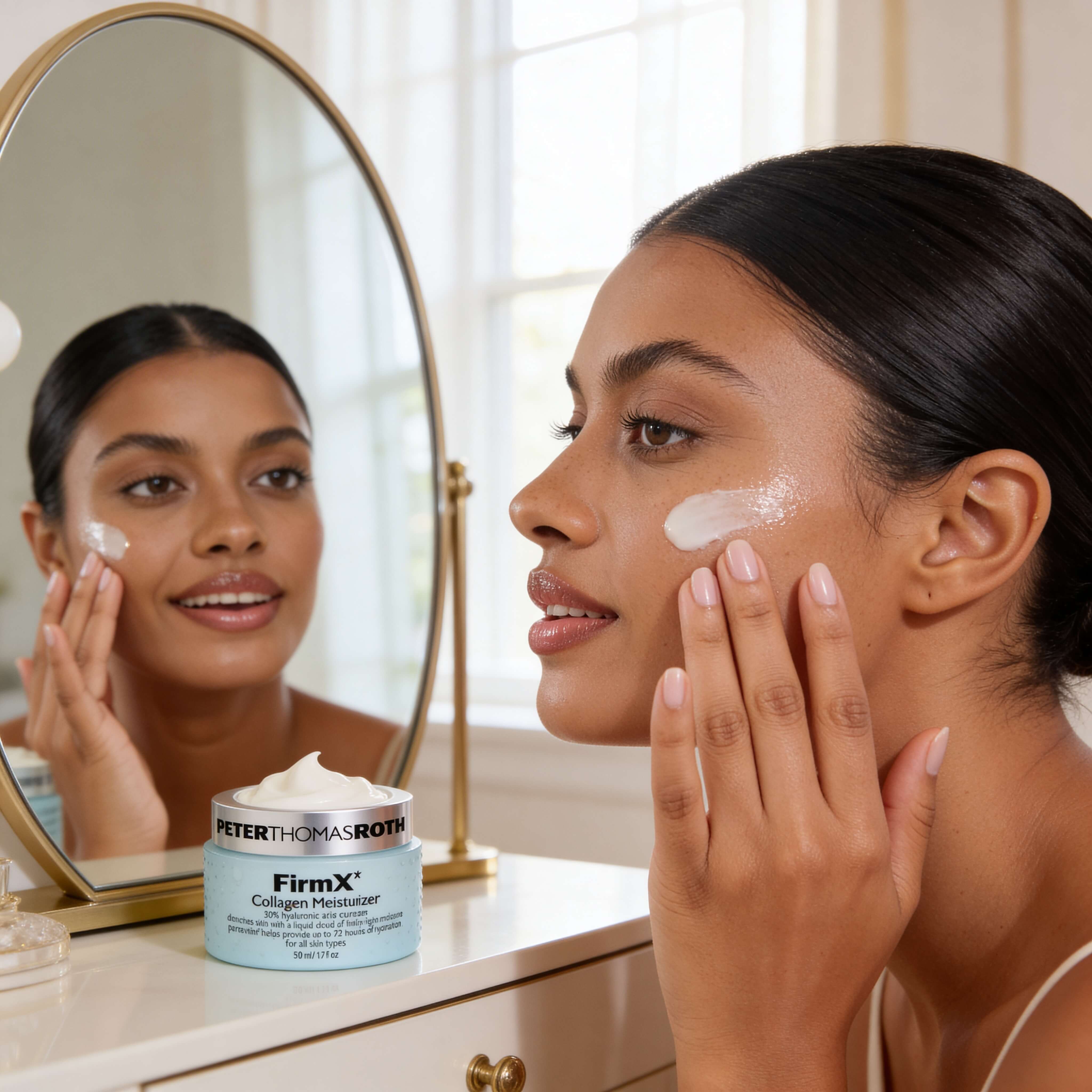 Woman applying cream to her face with a mirror reflection and Peter Thomas Roth FirmX jar in the foreground.