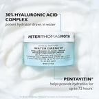 Peter Thomas Roth Water Drench Hyaluronic Cloud Cream jar with text highlighting ingredients on a white background