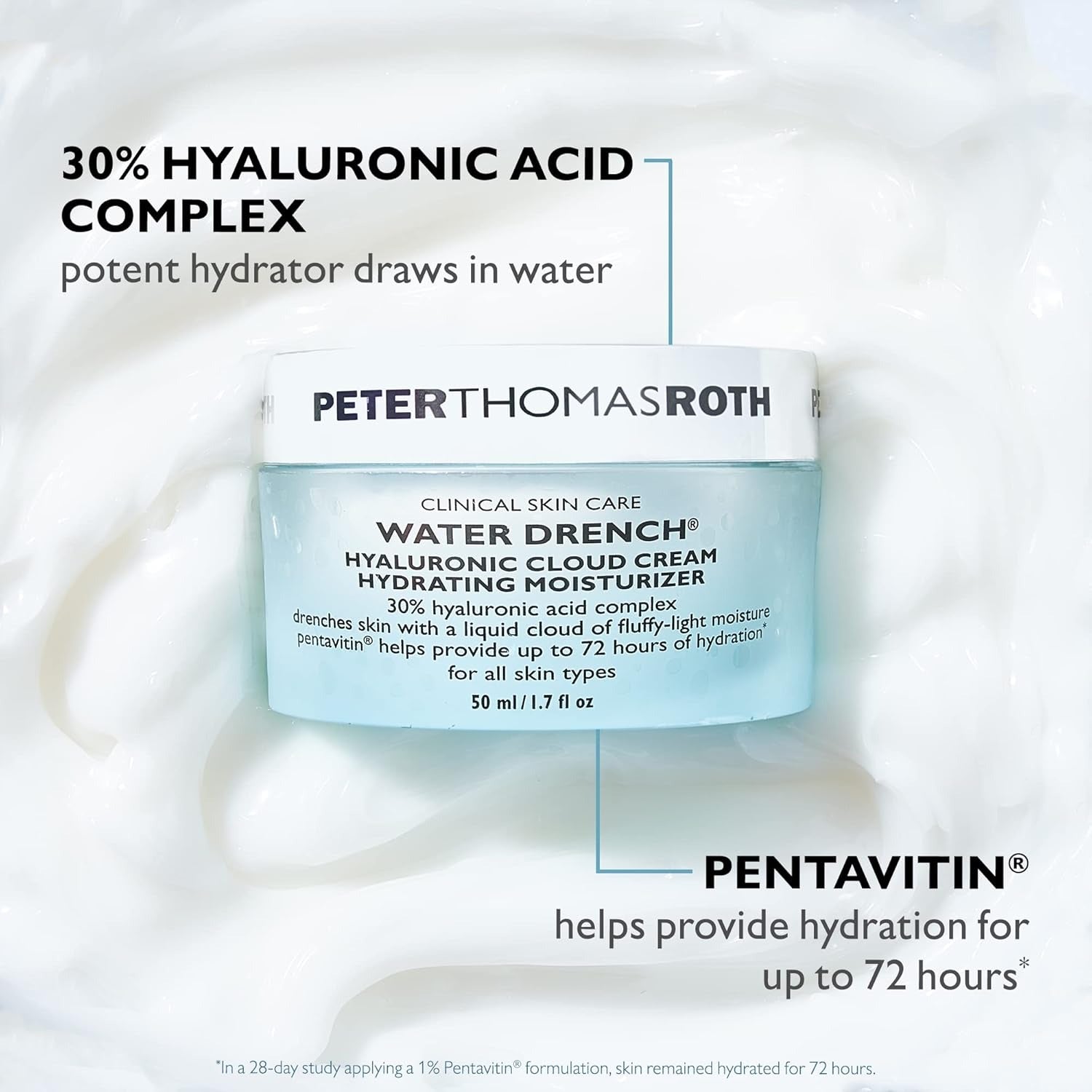 Peter Thomas Roth Water Drench Hyaluronic Cloud Cream jar with text highlighting ingredients on a white background