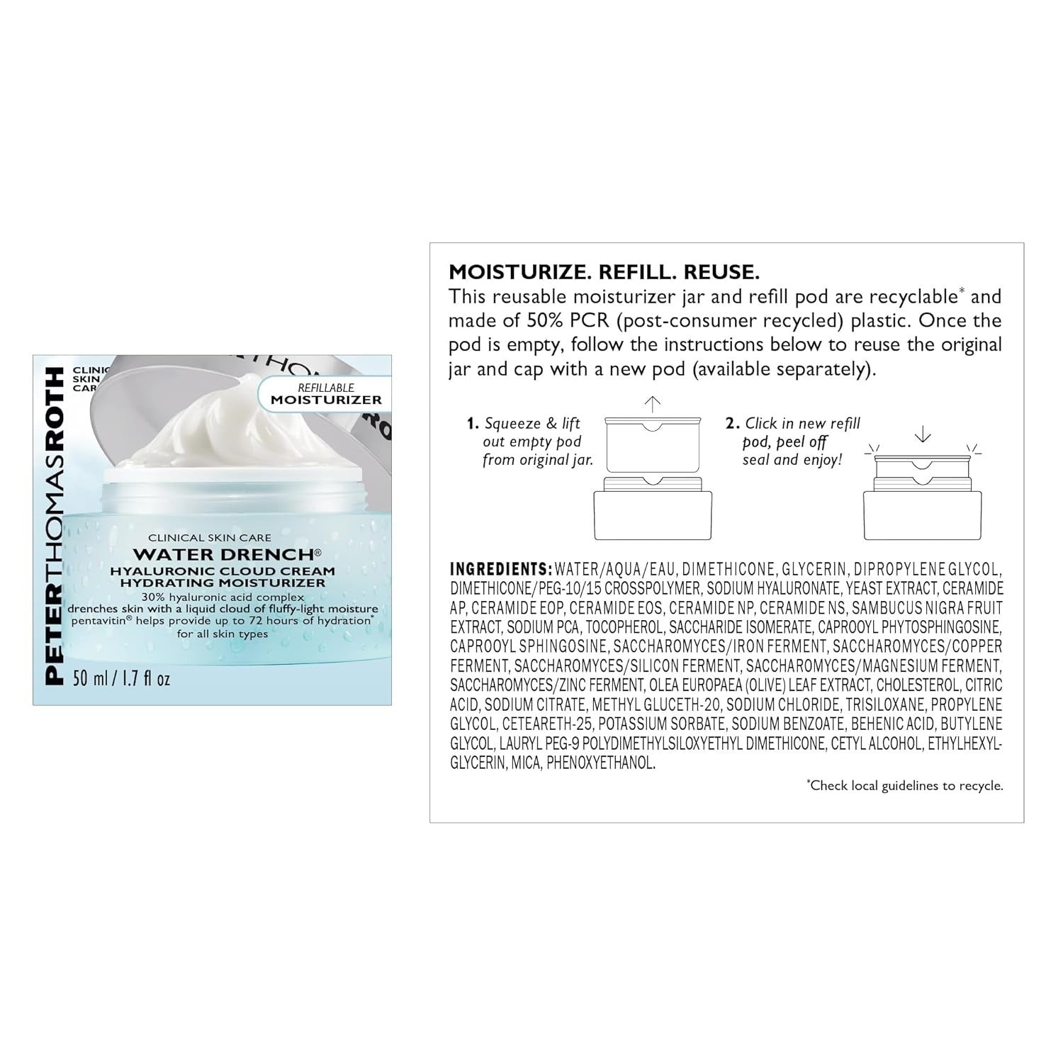 Peter Thomas Roth Water Drench Hyaluronic Cloud Cream packaging with refill instructions on a white background