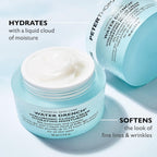 Cosmetic jar of Peter Thomas Roth Water Drench Hyaluronic Cloud Cream with text highlighting hydrating and softening properties.