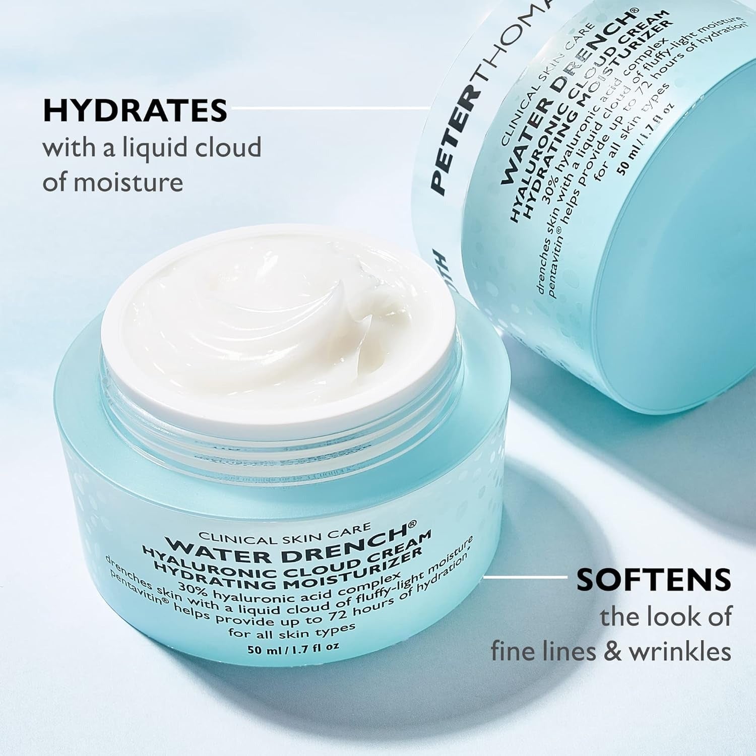 Cosmetic jar of Peter Thomas Roth Water Drench Hyaluronic Cloud Cream with text highlighting hydrating and softening properties.