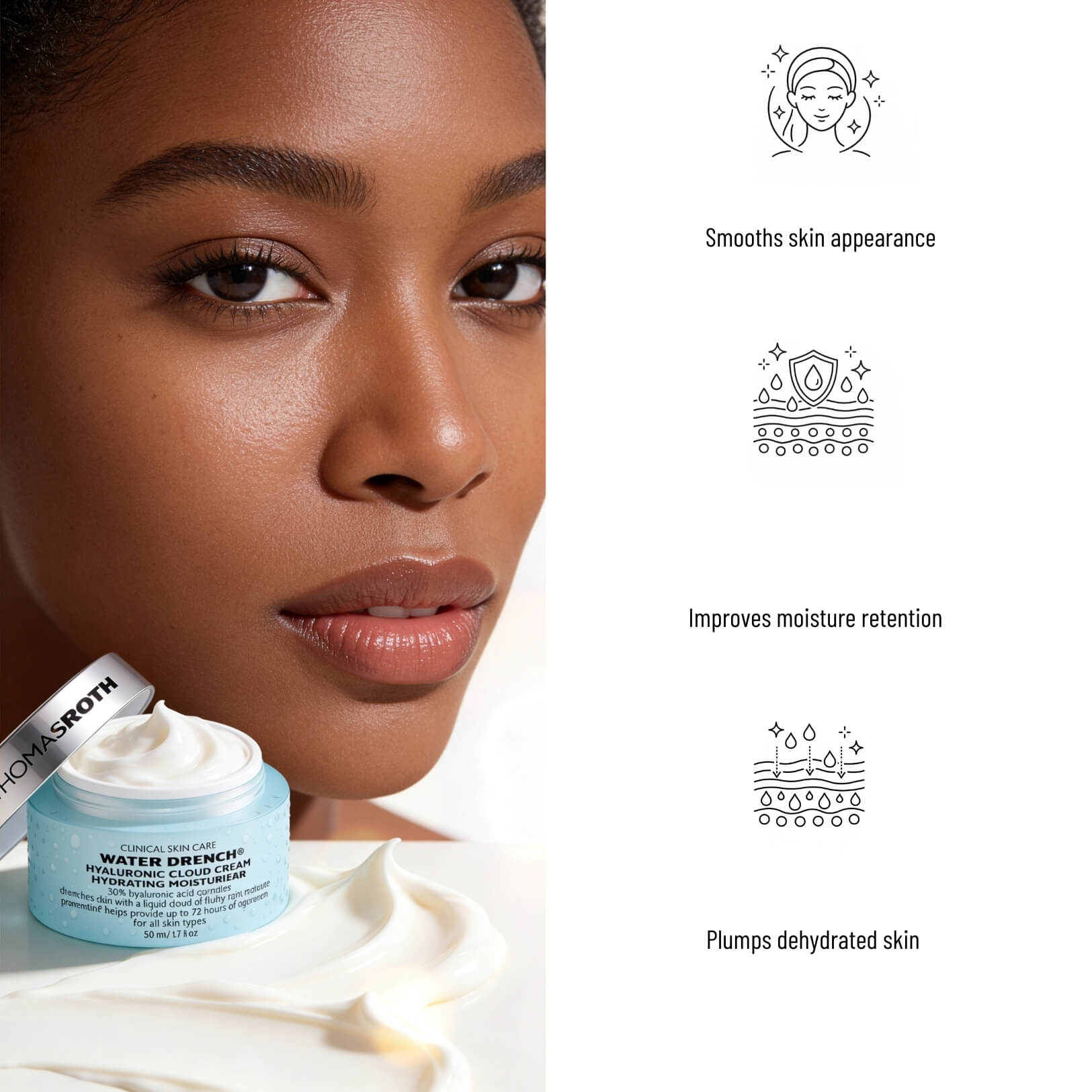 Woman with a skincare product and text highlighting product benefits on a white background