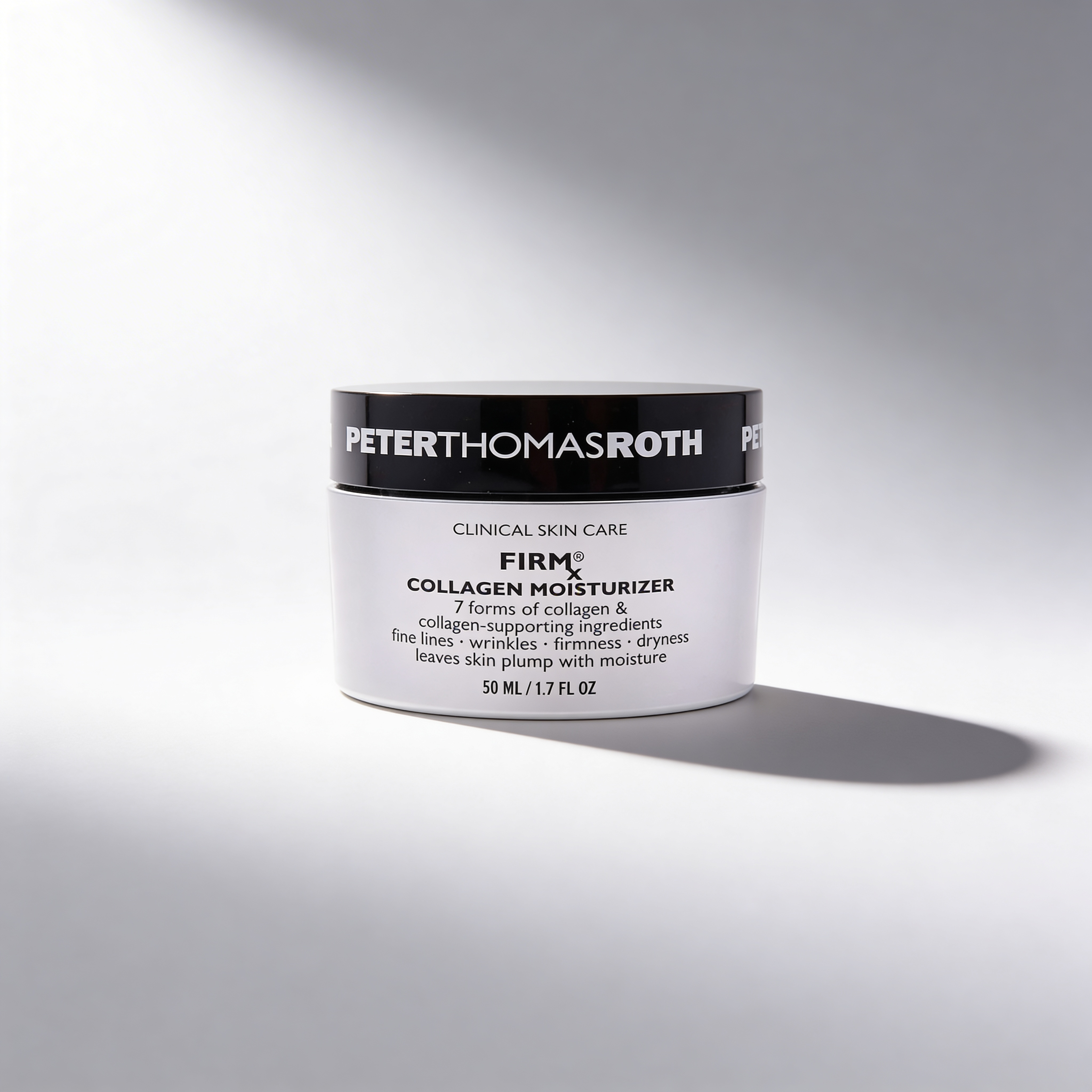 Peter Thomas Roth FirmX Collagen Moisturizer jar on a gray background