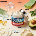 Retinol & Collagen moisturizer face cream jar with ingredients labeled on a colorful background