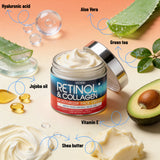Retinol & Collagen moisturizer face cream jar with ingredients labeled on a colorful background