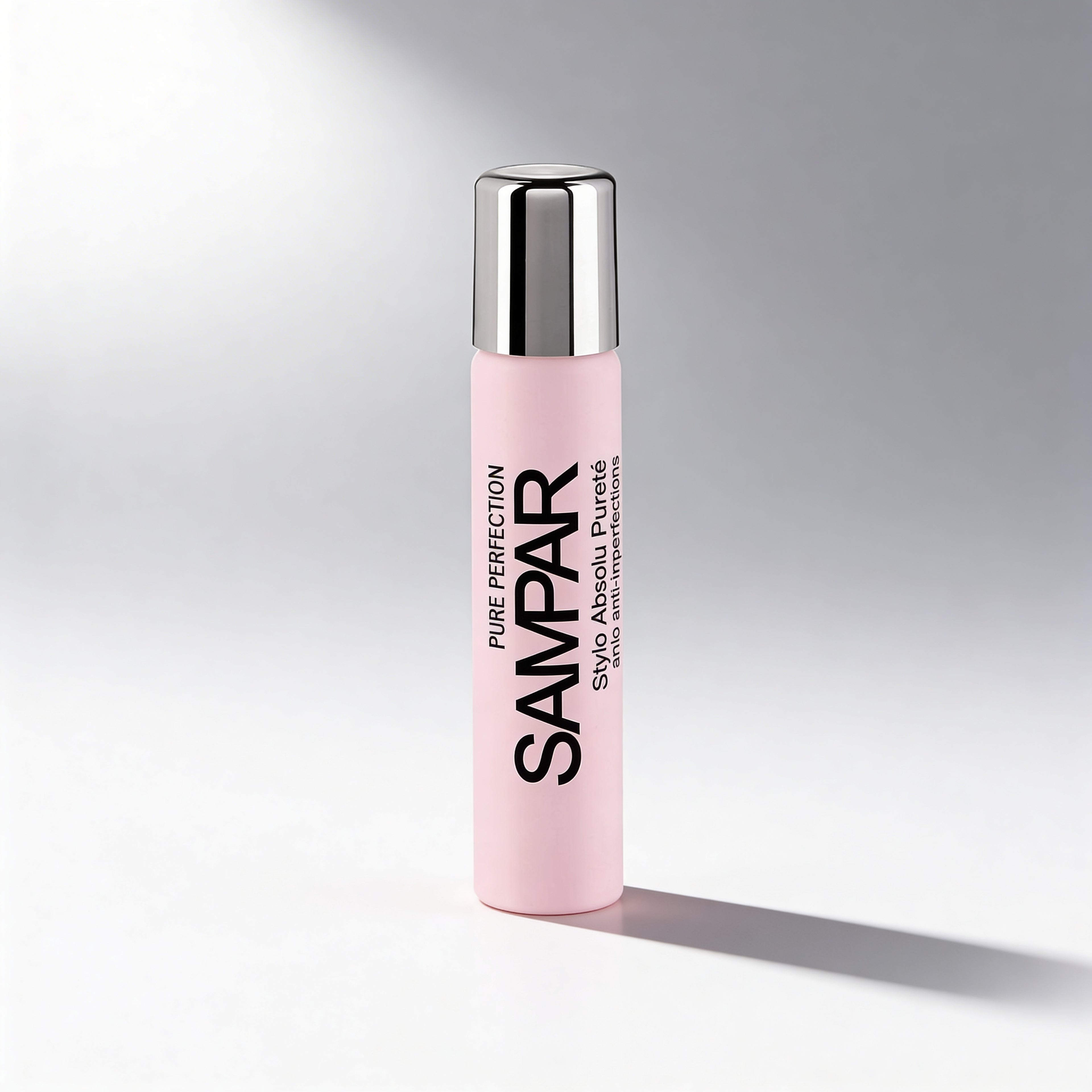 Pink bottle with silver cap on a gray background