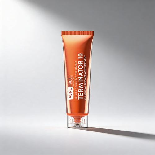 Tube of Acne Free Terminator 10 treatment on a gradient gray background