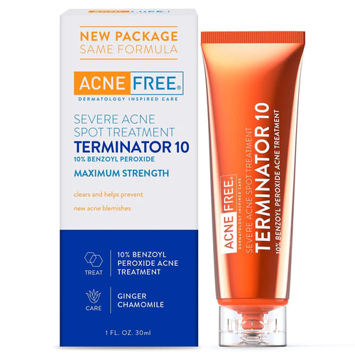 Acne Free Terminator 10 severe acne spot treatment with packaging on a white background