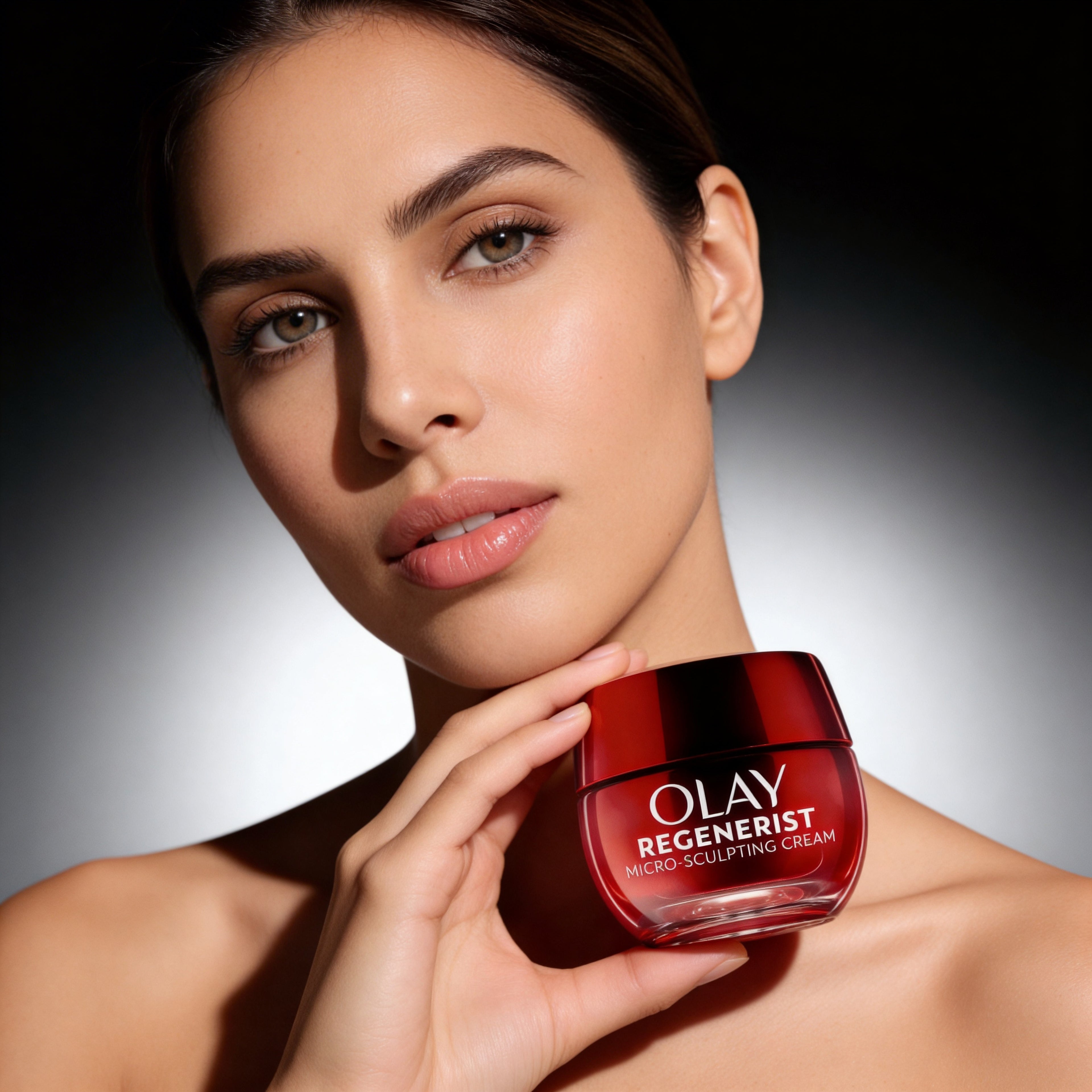Woman holding a red Olay Regenerist cream jar against a dark background