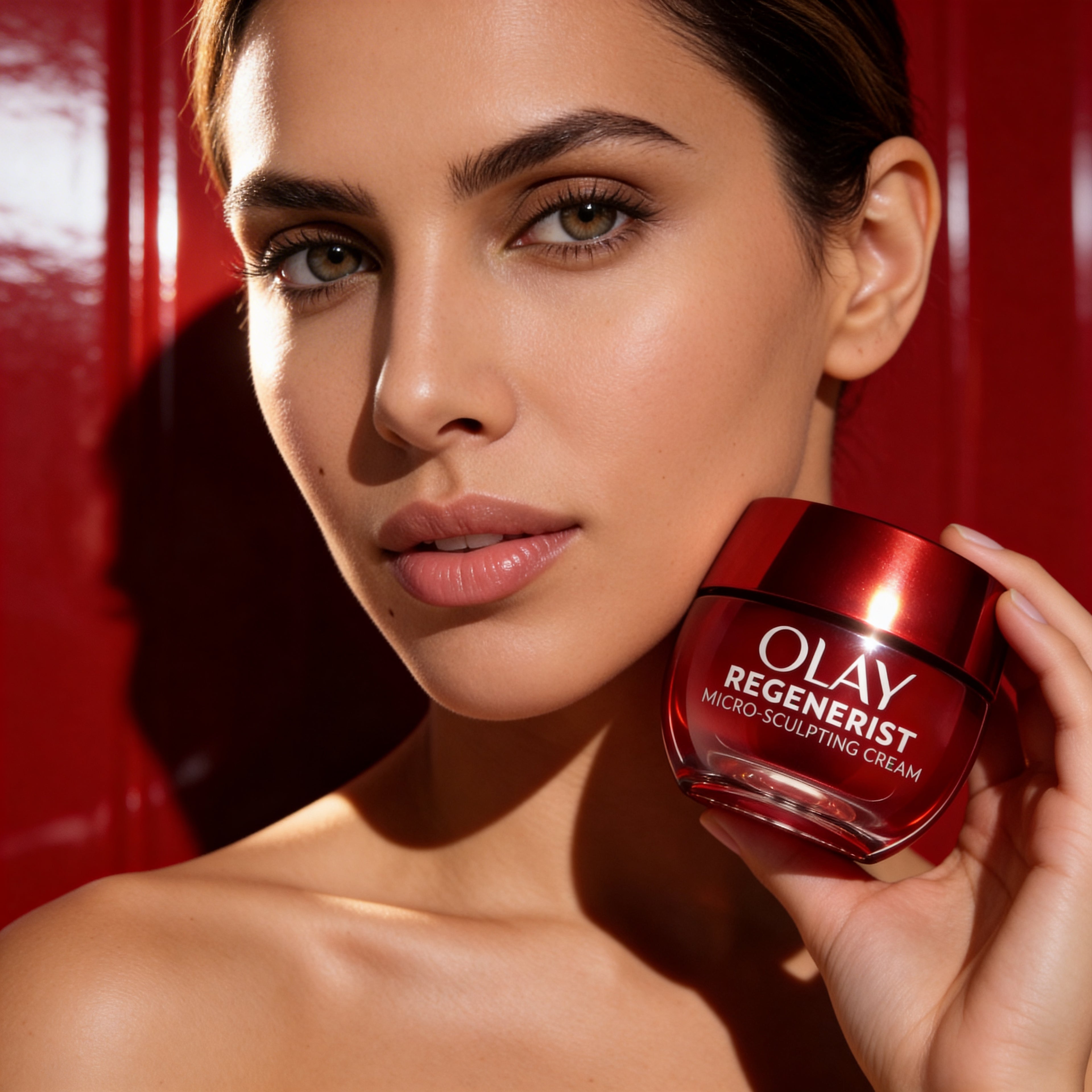 Woman holding a red Olay Regenerist jar against a red background