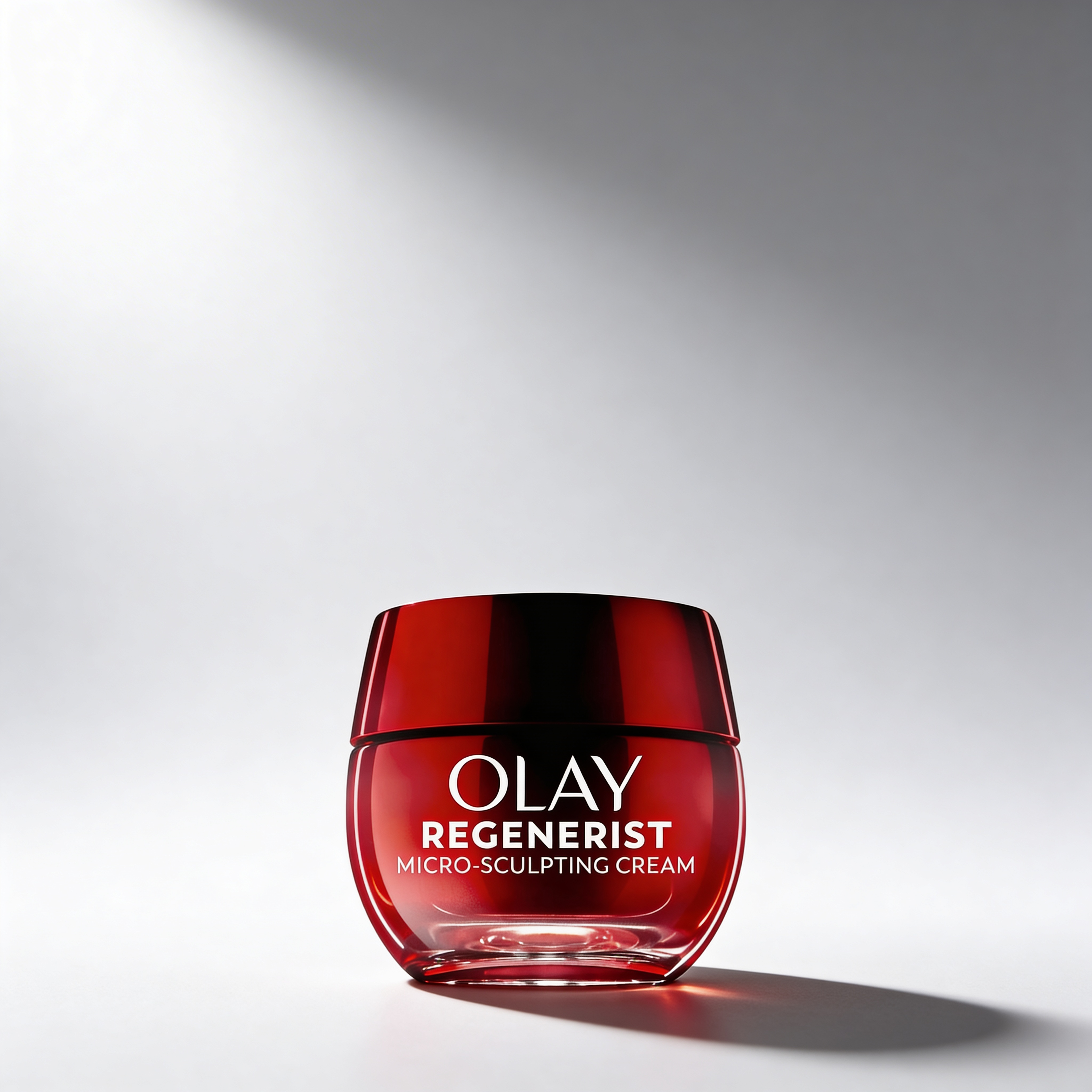 Red jar of Olay Regenerist micro-sculpting cream on a gray background