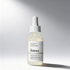 Skincare dropper bottle with 'The Ordinary' label on a gray background