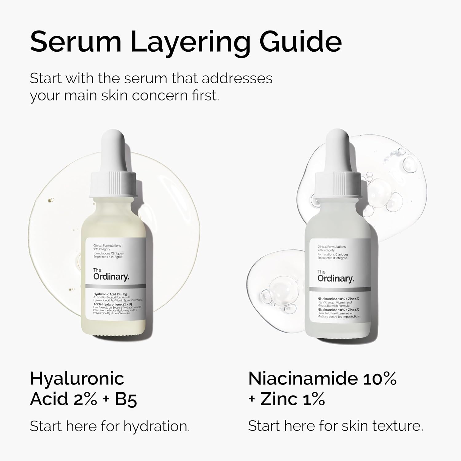 Two bottles of The Ordinary serum with text on a white background