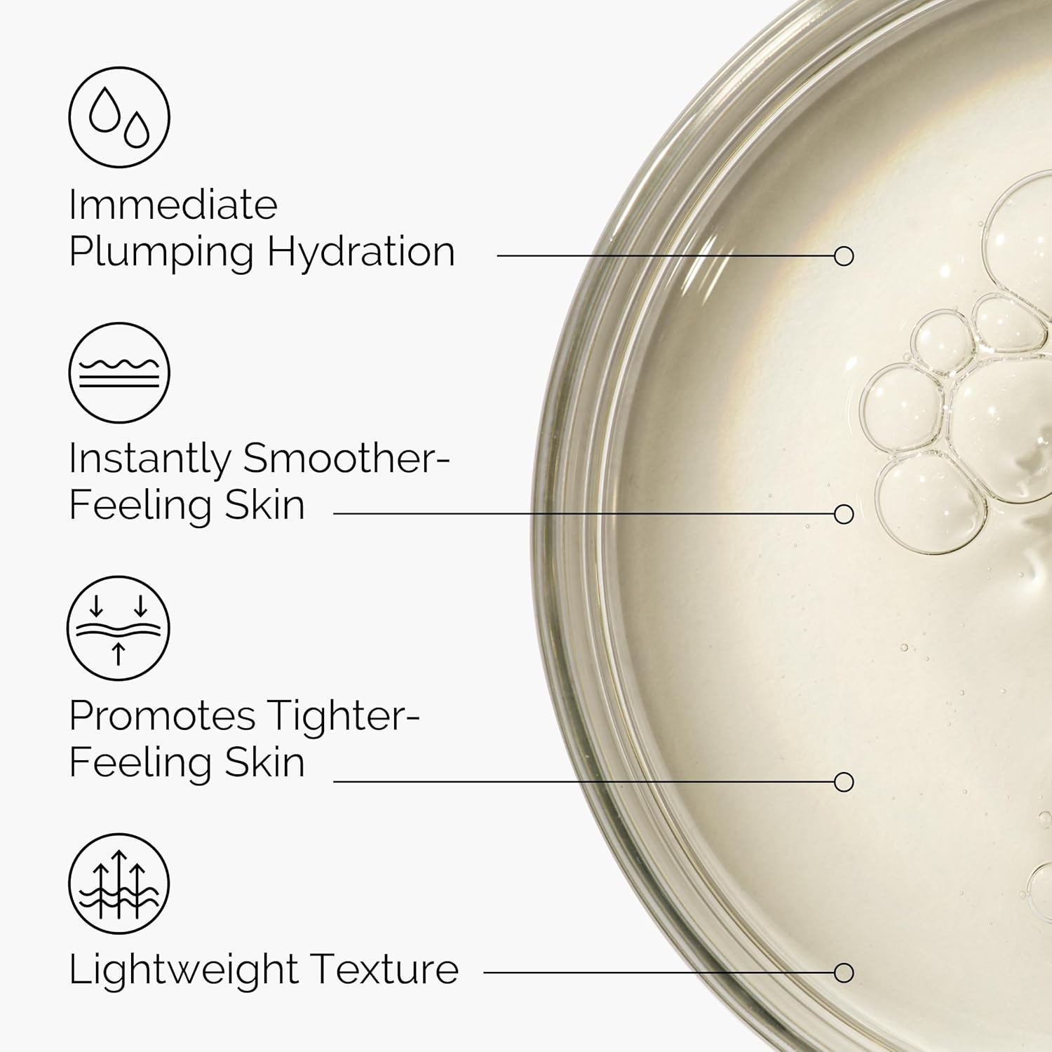 Cosmetic product with text highlighting its benefits on a white background