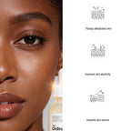 Close-up of a woman's face with a bottle of skincare product, featuring text about skin benefits.