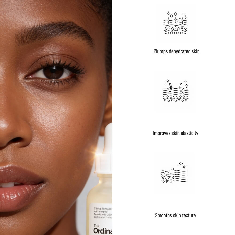 Close-up of a woman's face with a bottle of skincare product, featuring text about skin benefits.
