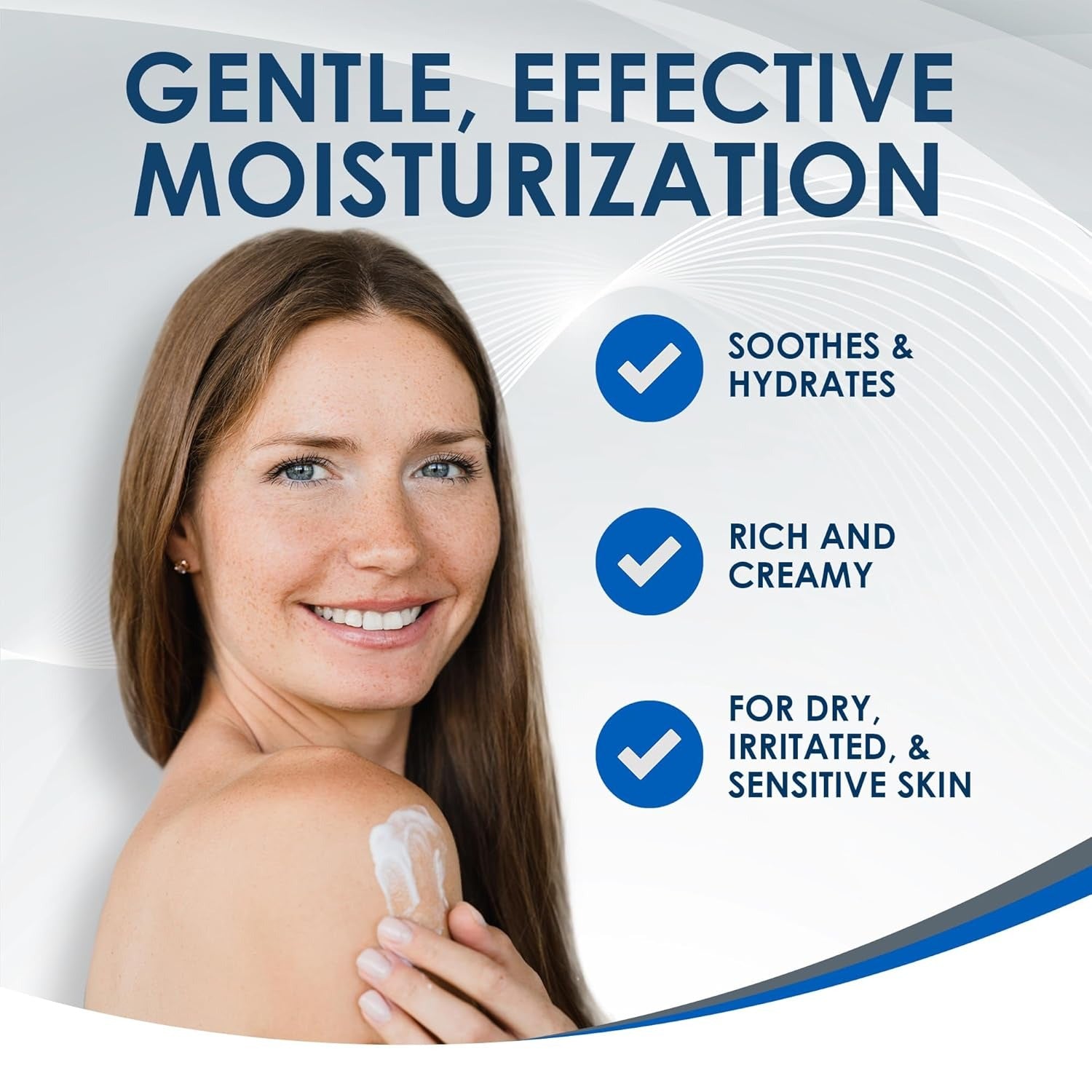 Woman applying moisturizer with text highlighting gentle, effective moisturization for dry, irritated, and sensitive skin.