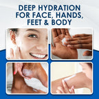 Product advertisement for deep hydration with images of face, hands, feet, and body application.