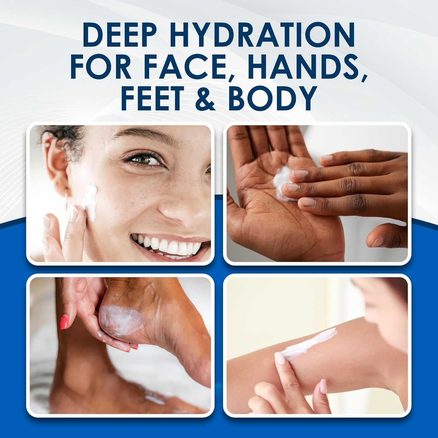 Product advertisement for deep hydration with images of face, hands, feet, and body application.