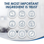 Product packaging with icons indicating no presence of various ingredients and a claim about trust.