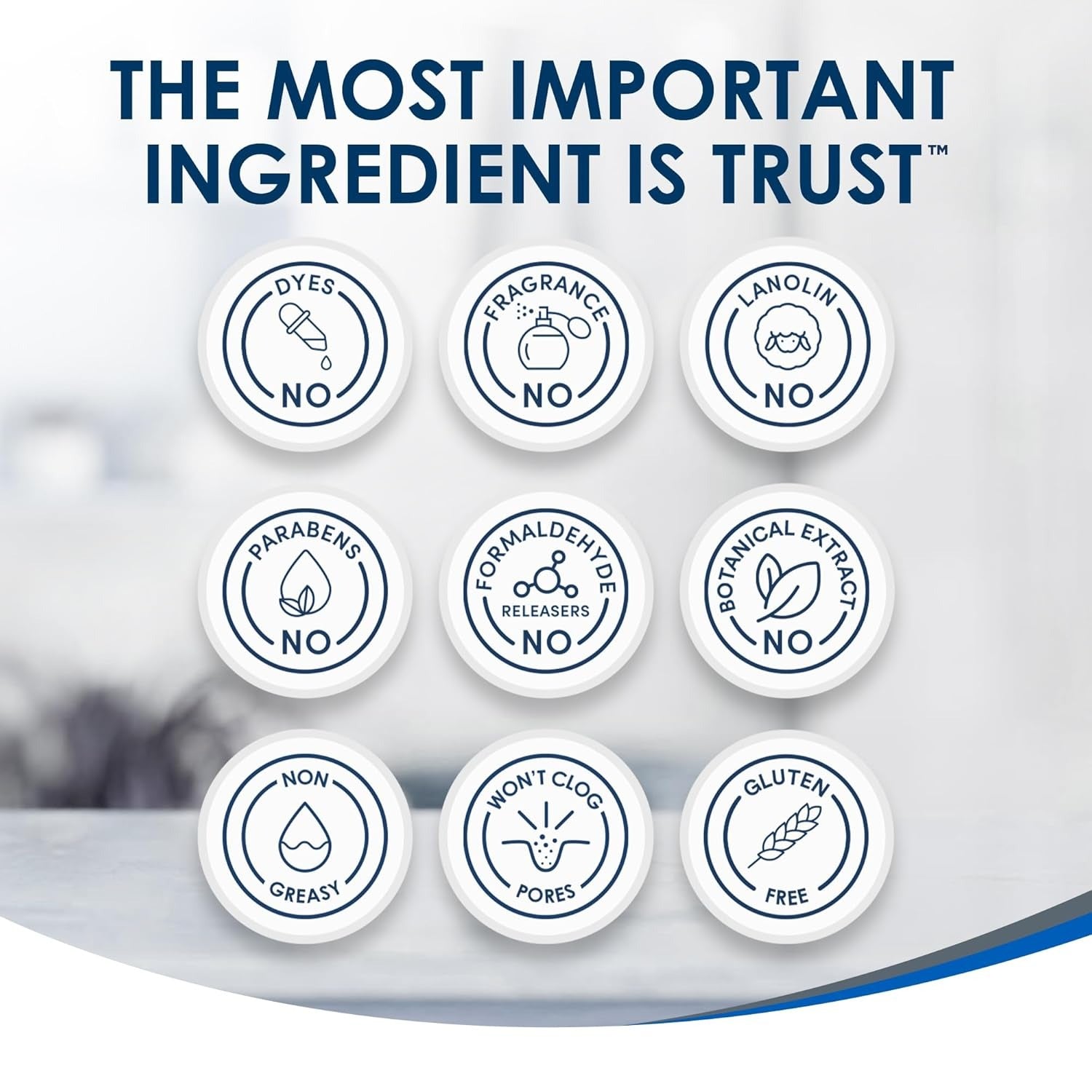 Product packaging with icons indicating no presence of various ingredients and a claim about trust.