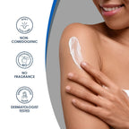 Woman applying cream to her arm with product features on the side