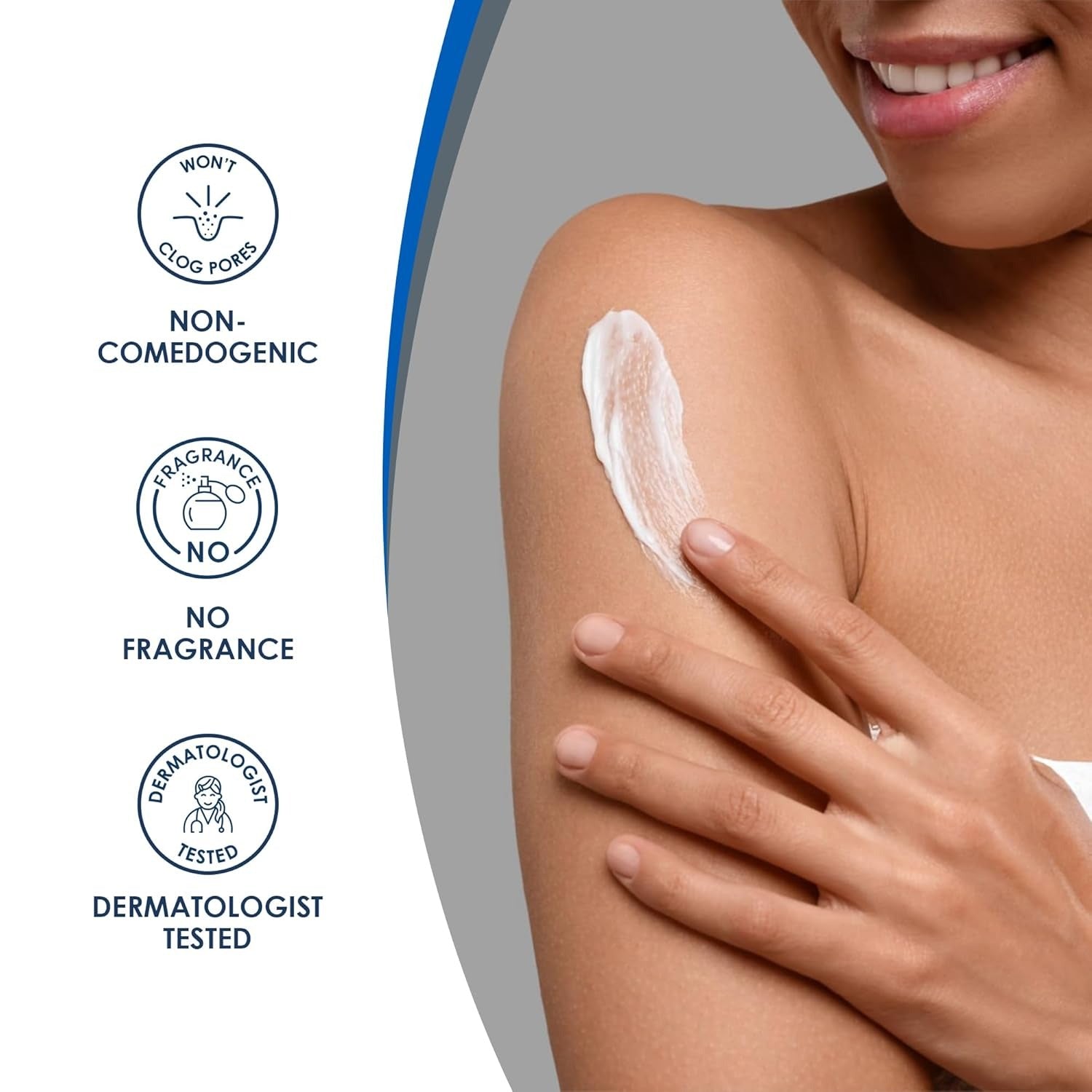 Woman applying cream to her arm with product features on the side