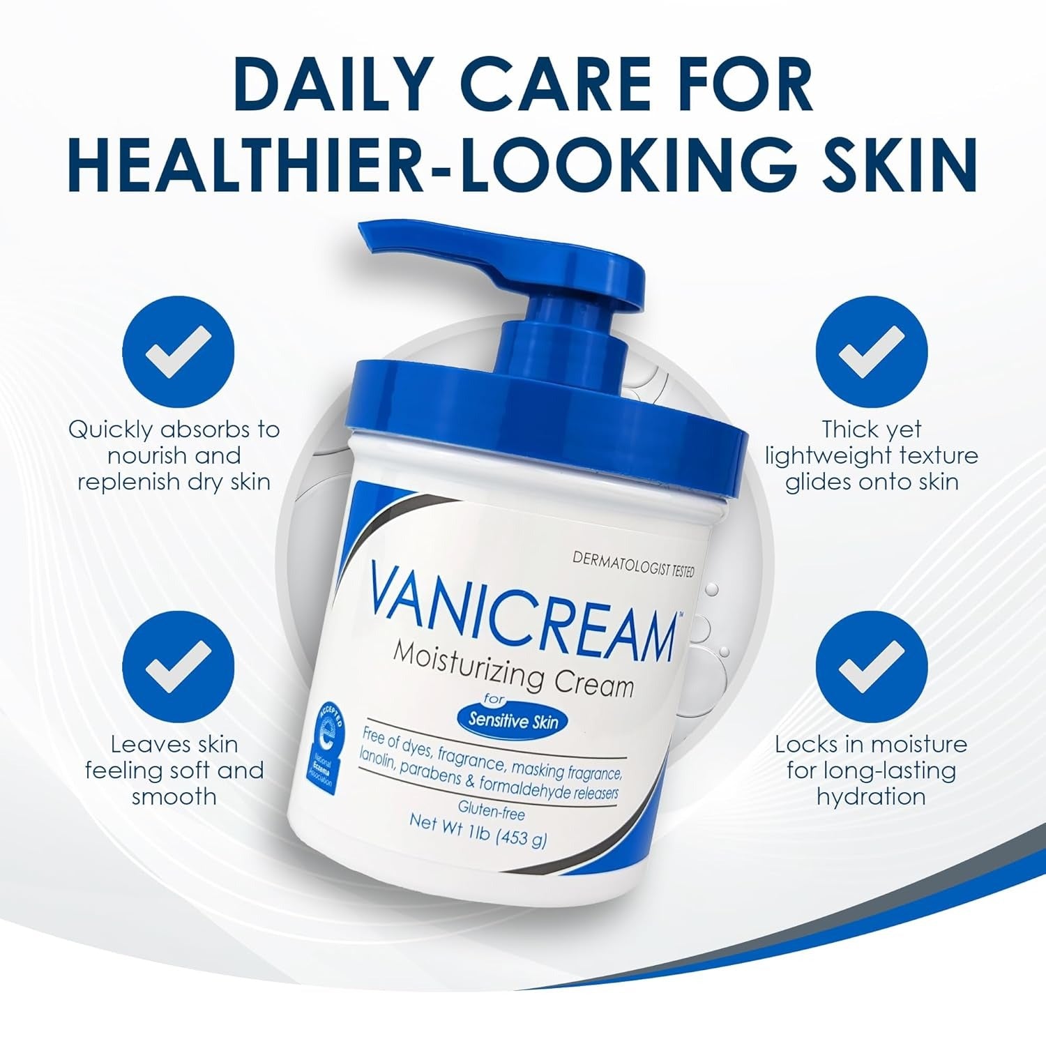 Vanicream moisturizing cream with features listed on a white background