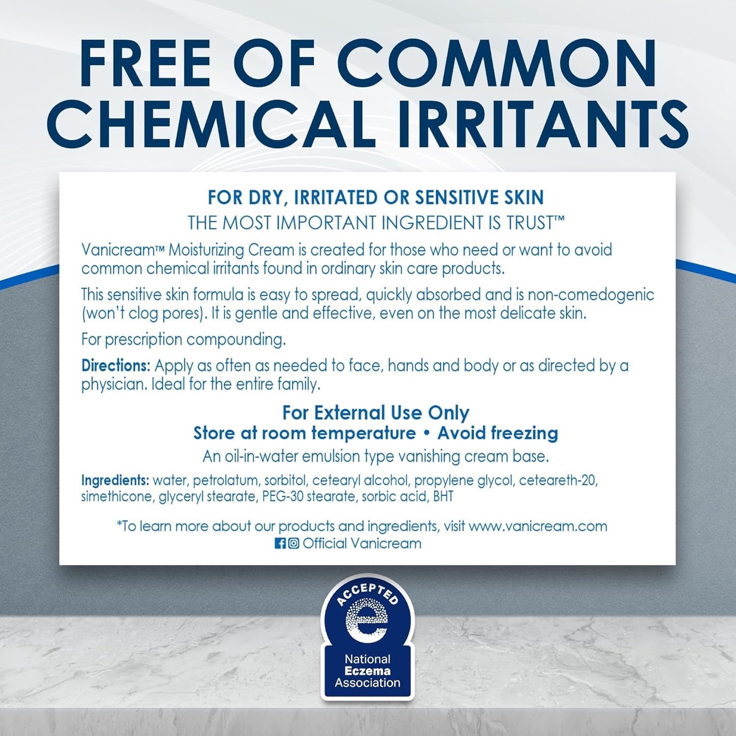 Product label for Vanicream moisturizing cream with text about chemical irritants and usage instructions.