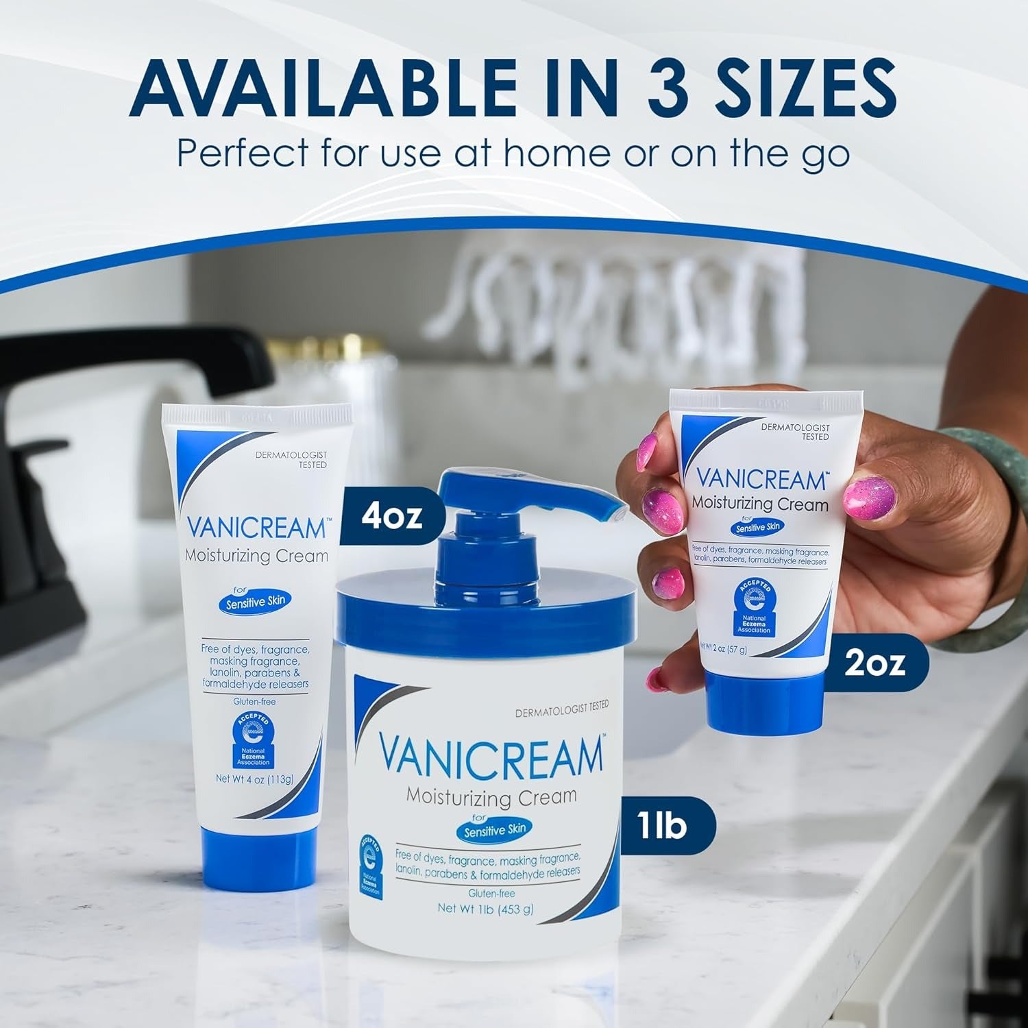 Vanicream moisturizing cream in various sizes with a hand holding a 2oz tube.