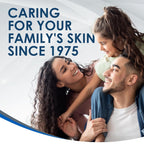 Family of three with text 'Caring for your family's skin since 1975' on a white background