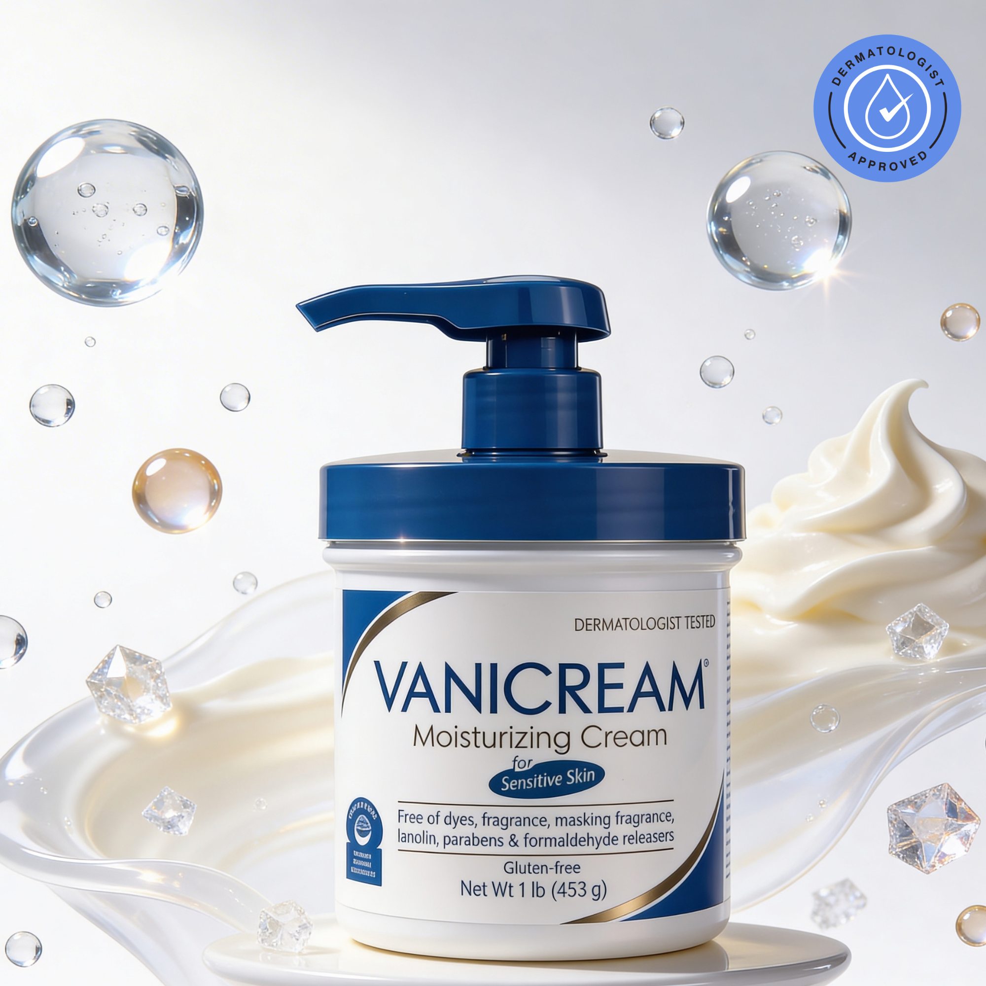Vanicream moisturizing cream with pump on a white background