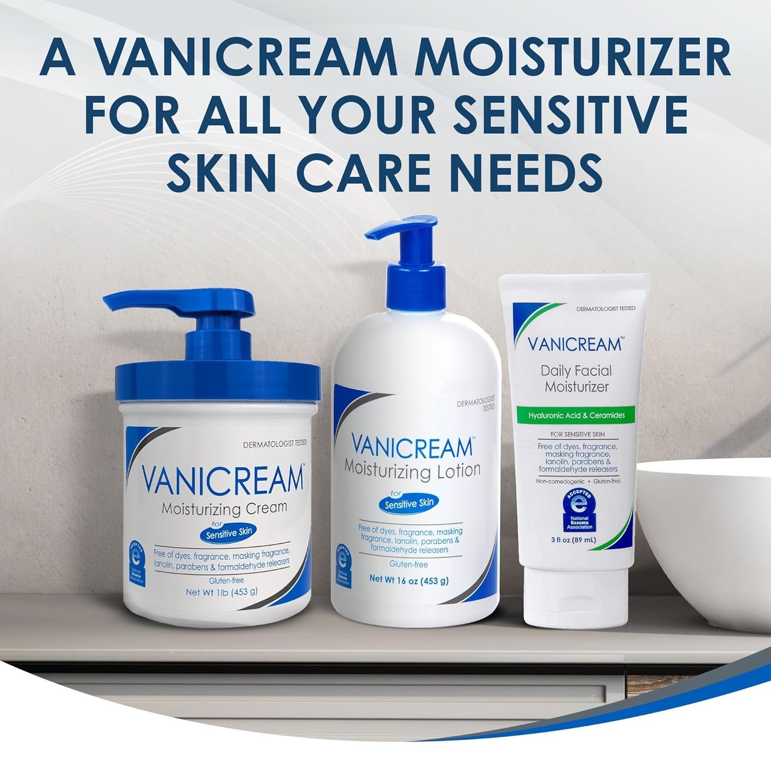 Vanicream skincare products on a shelf with promotional text.