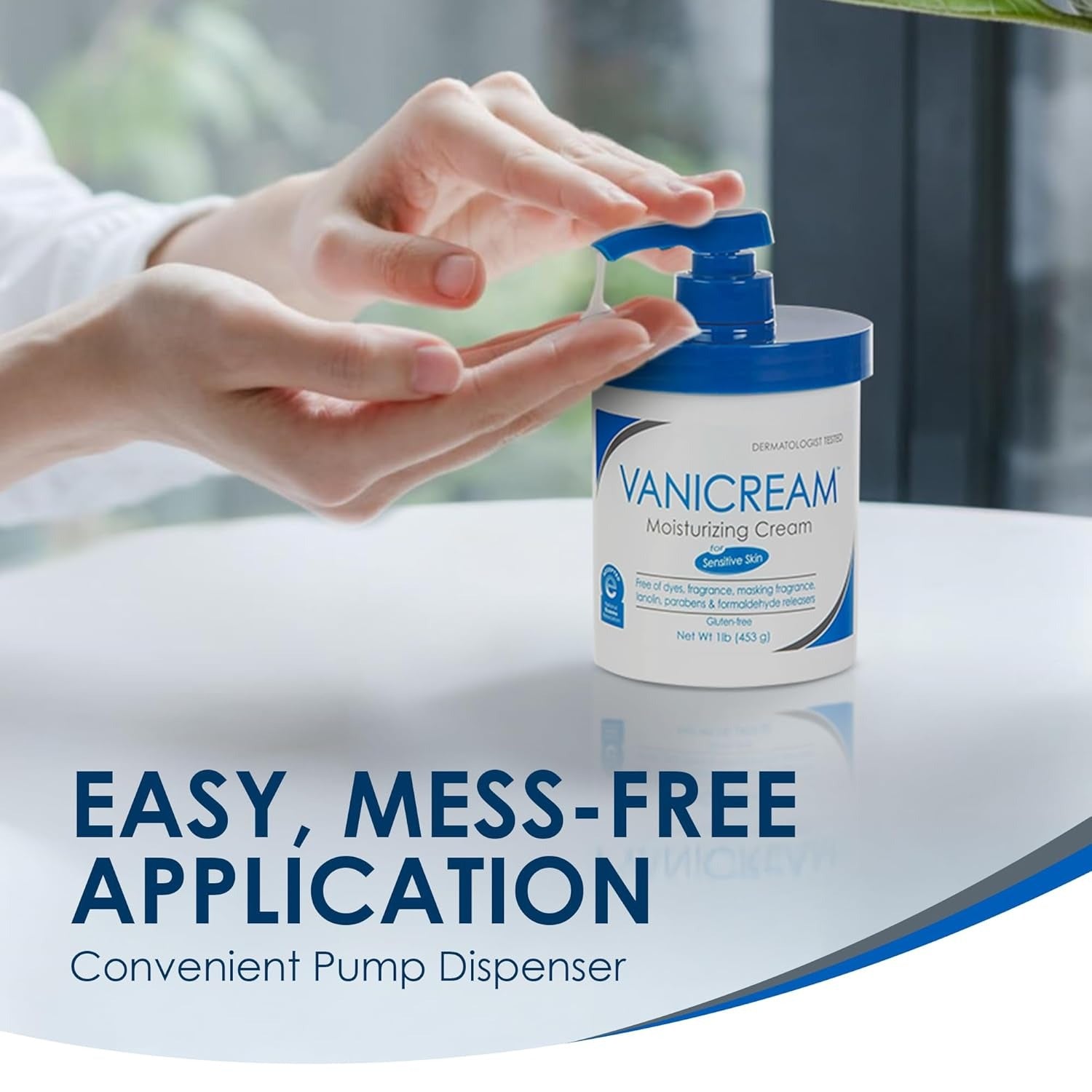 Vanicream moisturizing cream with a pump dispenser on a reflective surface.