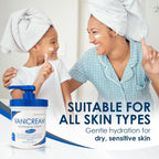 Woman and child with Vanicream moisturizing cream, suitable for all skin types.